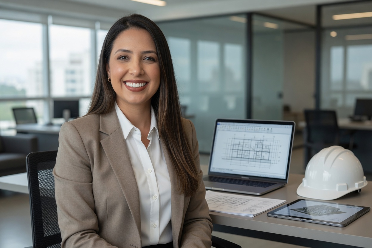 Engenheira Juliane Aragão em escritório profissional de engenharia civil em São Paulo